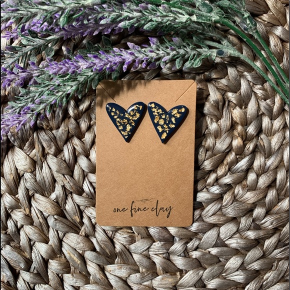 Navy & Gold Clay & Resin Large Heart Earring Studs - Picture 4 of 9